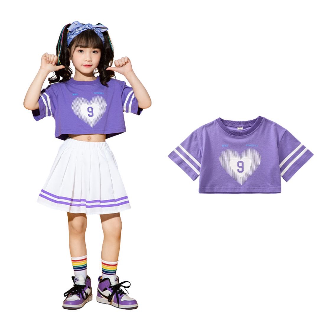 ชุดเต้น ชุดแดนซ์ เซ็ตเสื้อสีม่วง/ขาว+กางเกงขาสั้น/กระโปรง