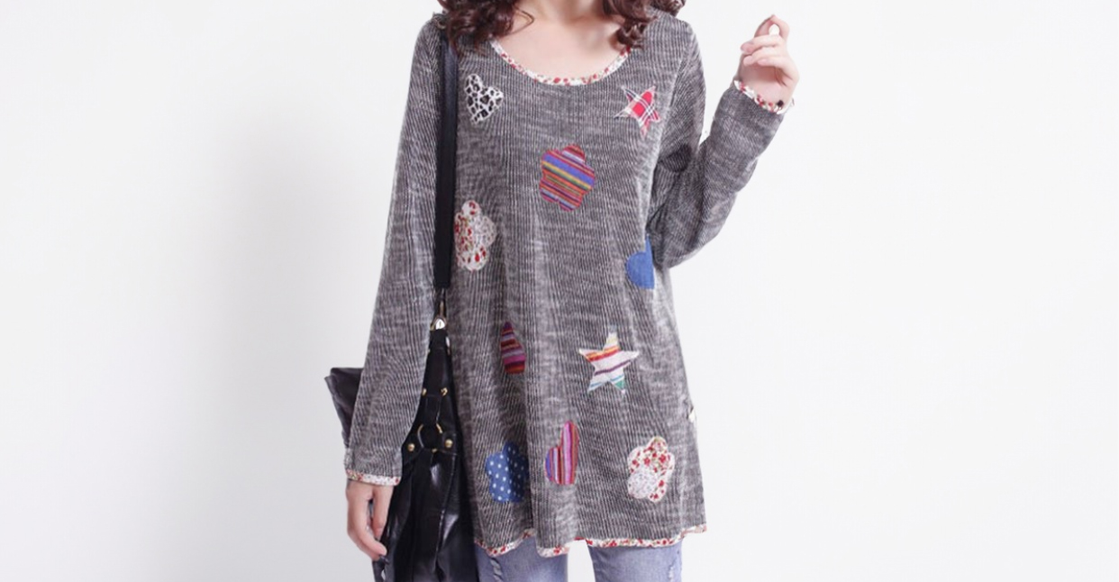 เสื้อแฟชั่นแขนยาว ถักตกแต่งสไตล์เกาหลี น่ารักฝุดๆจ้า รหัส 1047-สีเทา