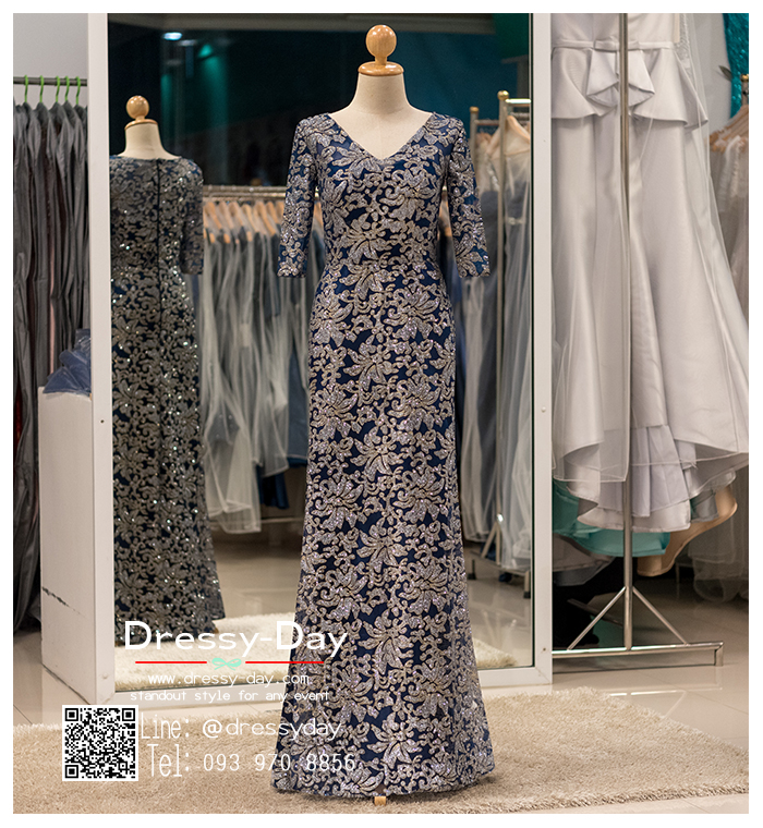 รหัส ชุดเจ้าภาพ PFL075 ชุดราตรียาว แบบมีแขน คอวี ใส่แล้วไม่อ้วน สวยๆ หรูๆ สง่า พร้อมส่ง