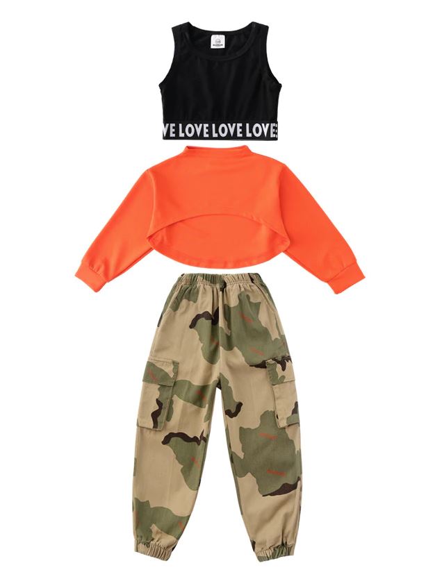 ชุดเต้น ฮิปฮอป เสื้อส้ม+กางเกงลายทหาร
