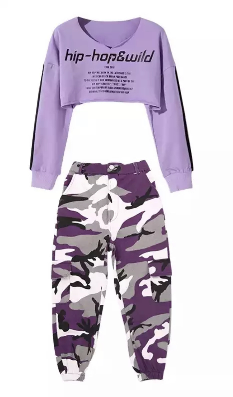 ชุดเต้น ชุดแดนซ์ เสื้อแขนยาวสีม่วง+ครอปตัวใน+กางเกงขายาว ลายทหาร