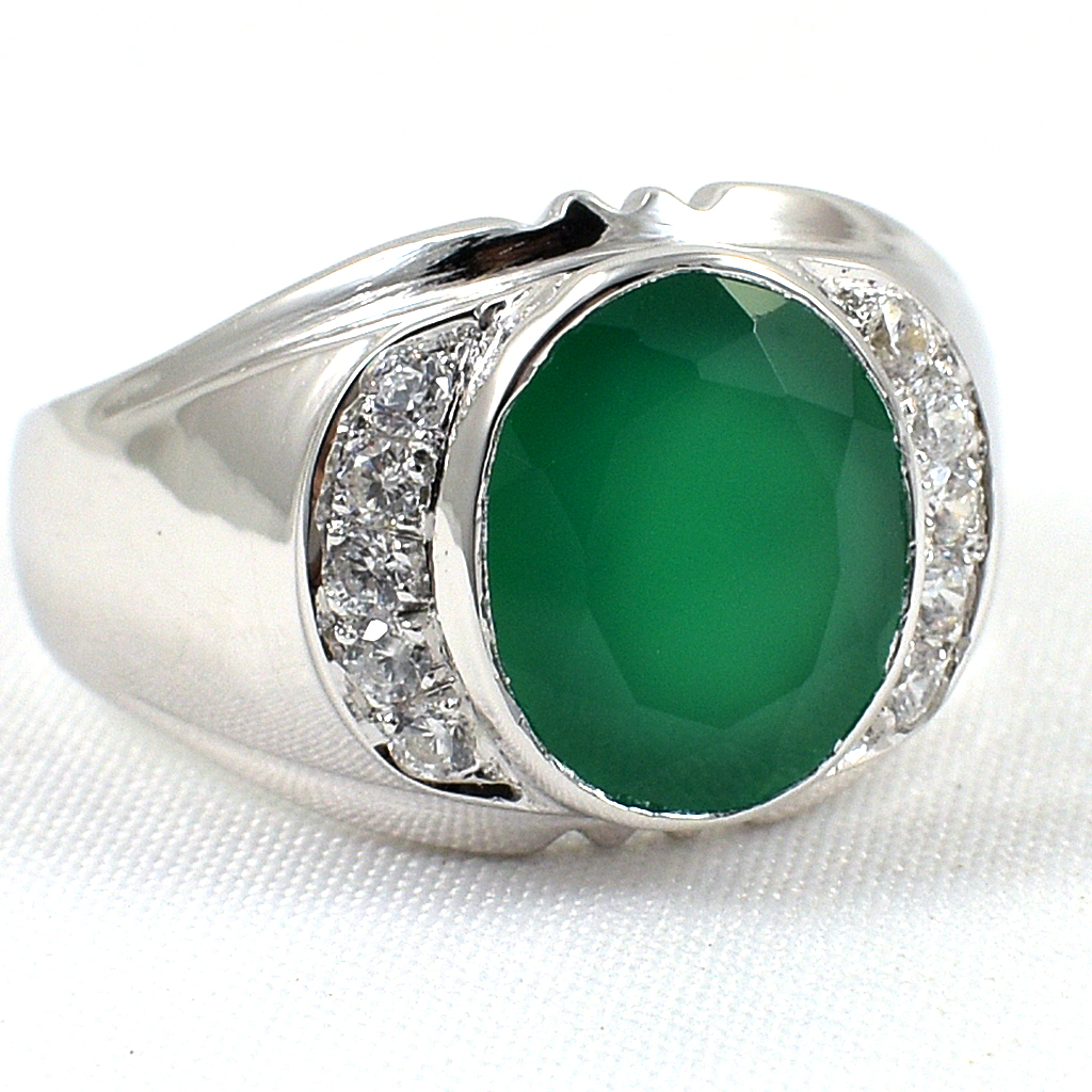 แหวนเงินแท้ราคาถูกชุบทองคำขาว พลอยแท้กรีนอะเกท 4.55 กะรัต เพชรCZ 0.30 กะรัต งานประณีตสวยงาม สั่งผลิตค่ะ