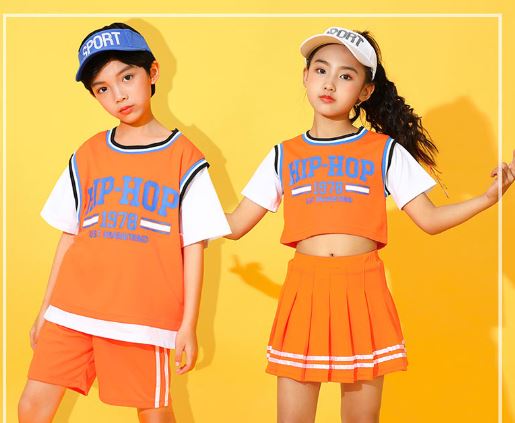 พร้อมส่ง ชุดเต้น ชุดเชียร์เด็ก เซ็ตสีส้ม ลายสก๊อต สีส้ม ชุดกีฬา สปอร์ต