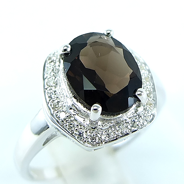 แหวนเงินแท้ราคาถูกชุบทองคำขาว พลอยแท้สโมกกี้ควอทซ์ 3.55 กะรัต เพชรCZ 0.168 กะรัต งานประณีตสวยงาม สั่งผลิตค่ะ