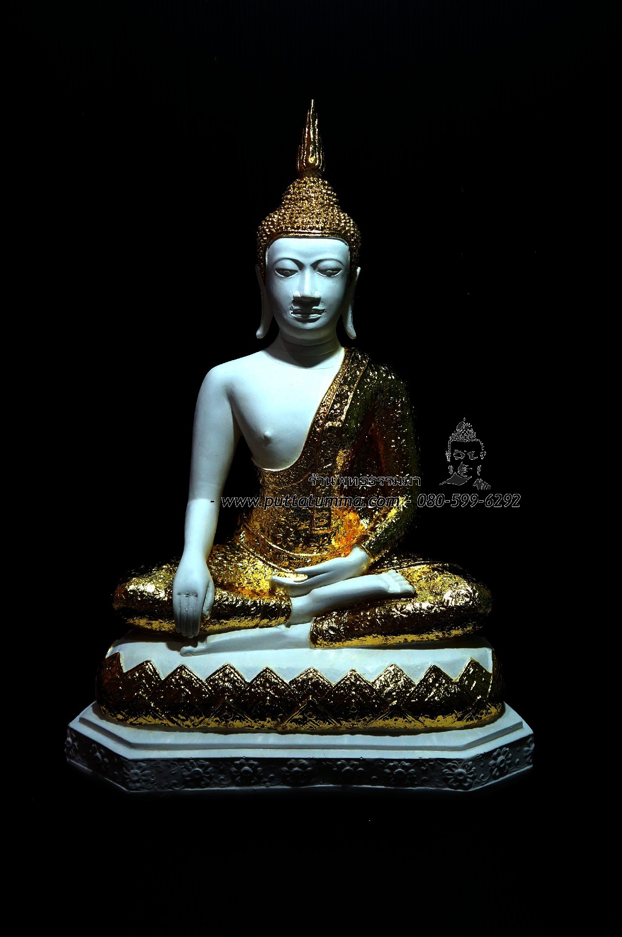 พระพุทธรูปปางมารวิชัย สีขาว ศิลปะอู่ทอง เนื้อเรซิ่น หน้าตัก 9 นิ้ว สูง 15 นิ้ว