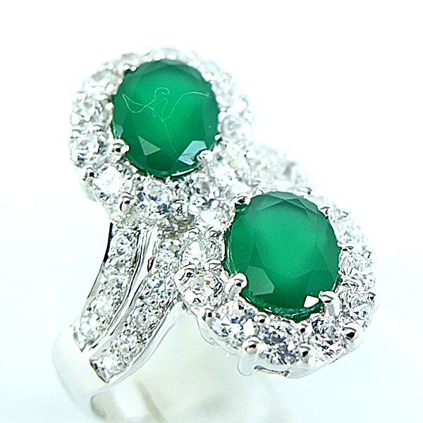 แหวนเงินแท้ราคาถูกชุบทองคำขาว พลอยแท้กรีนอะเกท 3.60 กะรัต เพชรCZ 1.17 กะรัต งานประณีตสวยงาม สั่งผลิตค่ะ