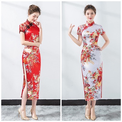 ชุดจีนกี่เพ้าลายดอก ผู้ใหญ่ผ่าข้างยาวแขนสั้น ยาว