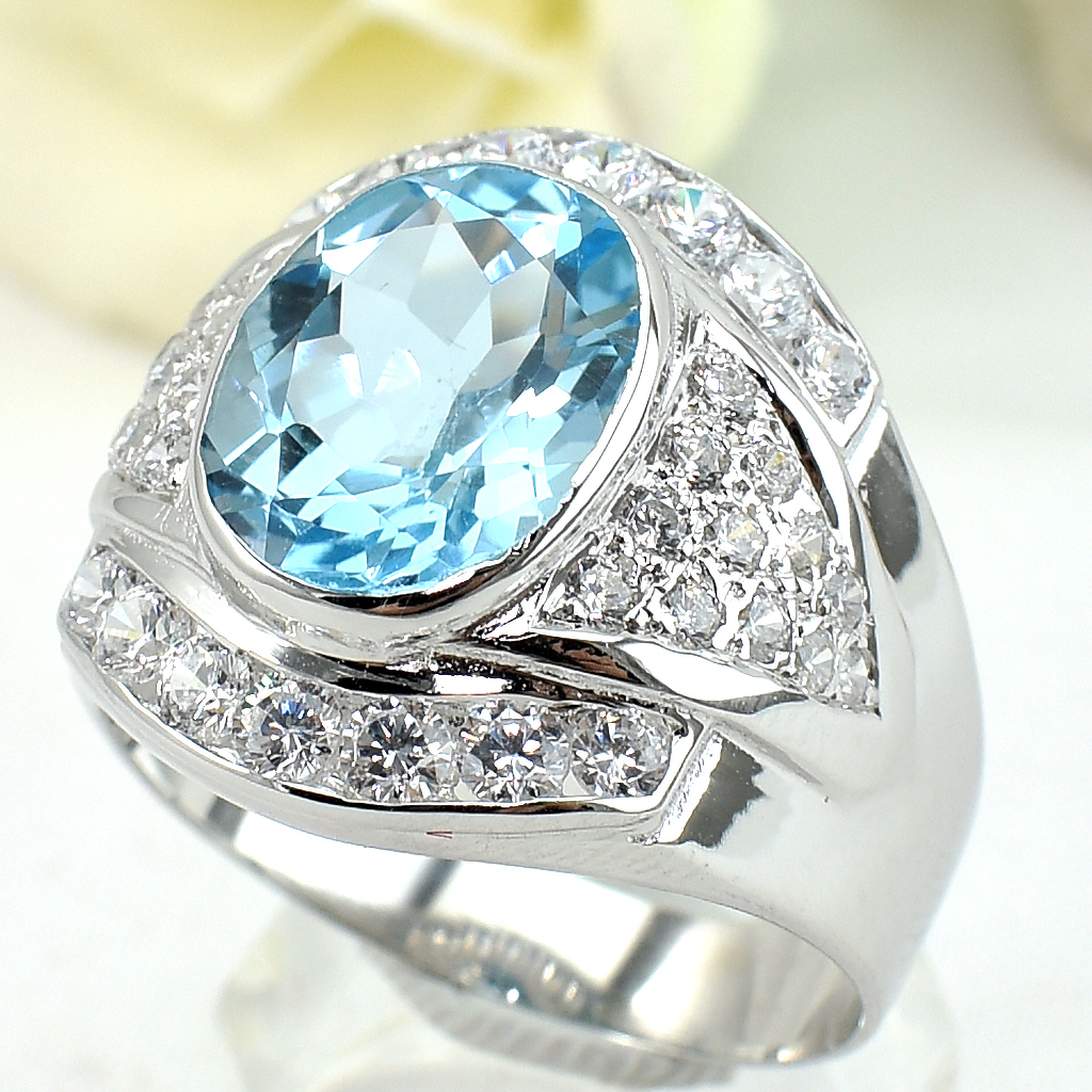 แหวนเงินแท้ราคาถูกชุบทองคำขาว สกายบลูโทปาซแท้ 6.0 กะรัต เพชรCZ 1.33 กะรัต งานประณีตสวยงาม สั่งผลิตค่ะ