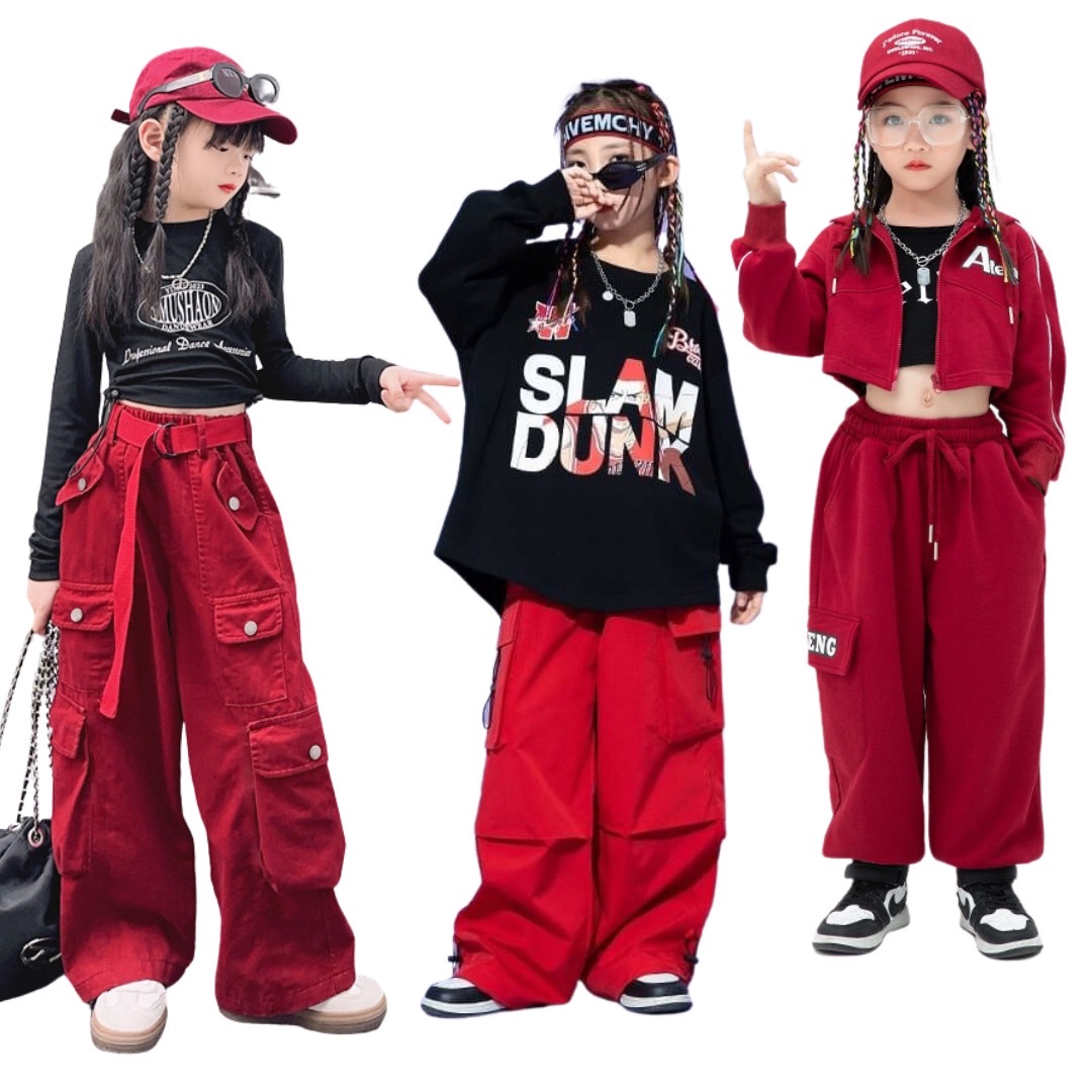 ชุดเต้น Cover เสื้อตัวในสีดำ+เสื้อคลุม+กางเกง สีแดง แดง