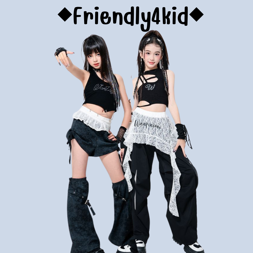 Friendly4kid พร้อมส่ง***ชุดเต้น set เสื้อ+กางเกง สีดำสไตล์สตรีทแดนซ์