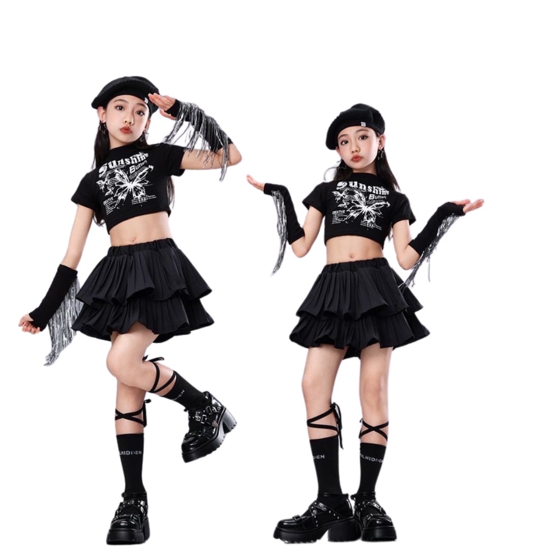 พร้อมส่ง ***ชุดเต้น เสื้อครอป แขนสั้น+กระโปรง พร้อมปลอกแขน ลายเสือ ลายผีเสื้อ ลายสก๊อต