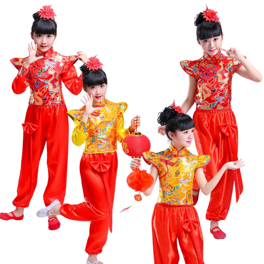 ชุดจีน กี่เพ้าแขนกุด แขนยาว+กางเกง สีแดง-สีเหลือง