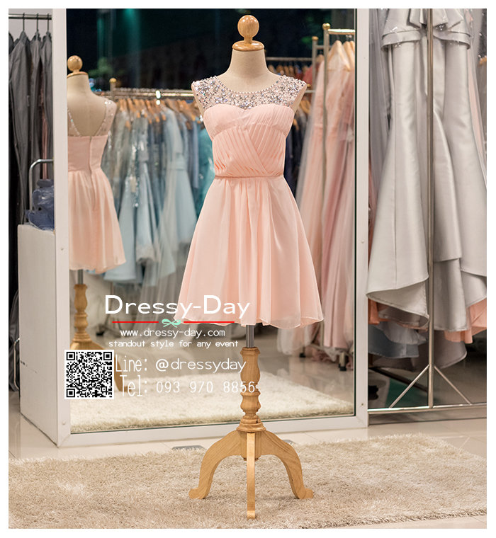 รหัส ชุดราตรีคนอ้วน : bb034 ชุดราตรีสั้นแขนกุด ชุดไปงานแต่งงานตกแต่งกริตเตอร์ช่วงบน สีชมพู เรียบหรู พร้อมส่ง