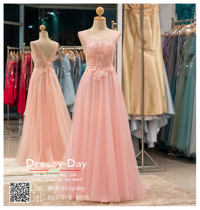 รหัส ชุดราตรี : PF120 ชุดราตรียาวตกแต่งลูกไม้งานสวย พร้อมส่ง ชุดไปงานแต่งงานสีชมพู ใส่ถ่ายพรีเวดดิ้งแนวเจ้าหญิง ริมทะเล หรือในสวน แบบชมพู่ สวยมากๆ ค่ะ
