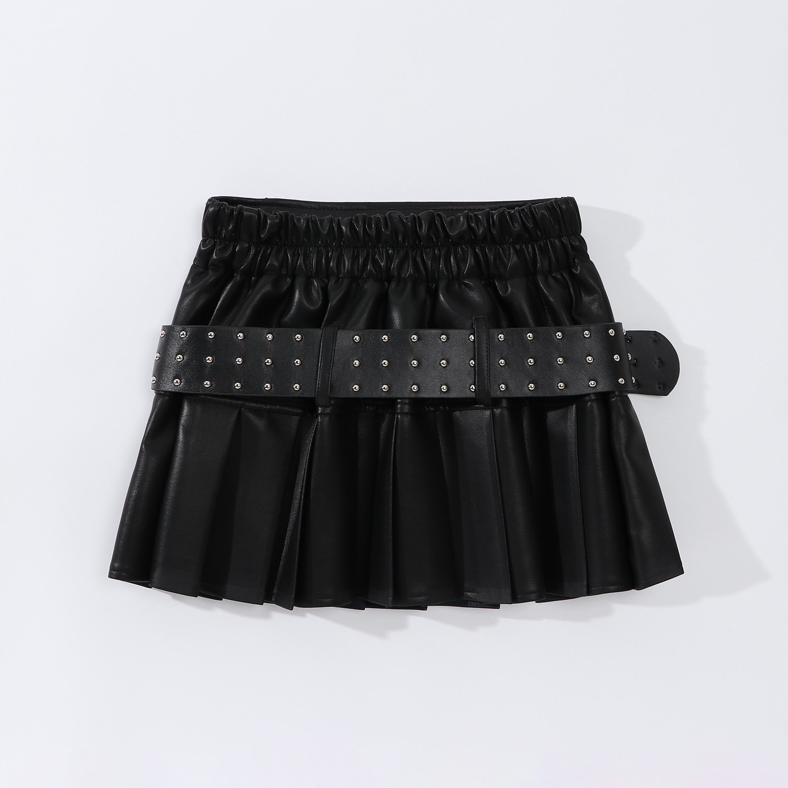 friendly4kid กระโปรงเด็กหญิง กระโปรงหนัง สีดำ อัดพลีทจีบรอบ