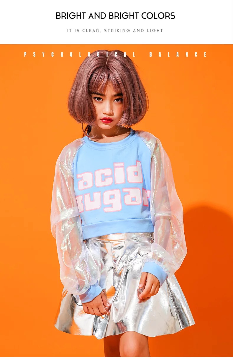 **เฉพาะเสื้อ** ชุดเต้น ชุดแฟชั่น สไตล์ฮิปฮอป สีฟ้า-เงิน