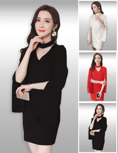ชุดเดรสสั้นแต่งโช้คเก้อผ่าแขนใส่ออกงานได้สวยหรู มี3สี รหัส 1927