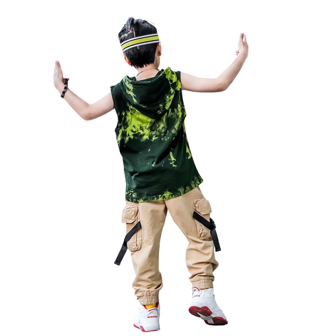 สินค้าพร้อมส่ง ****ชุดเต้น ชุดแดนซ์ เสื้อแขนกุดมีฮูด+กางเกงคาร์โก้ ขายาว