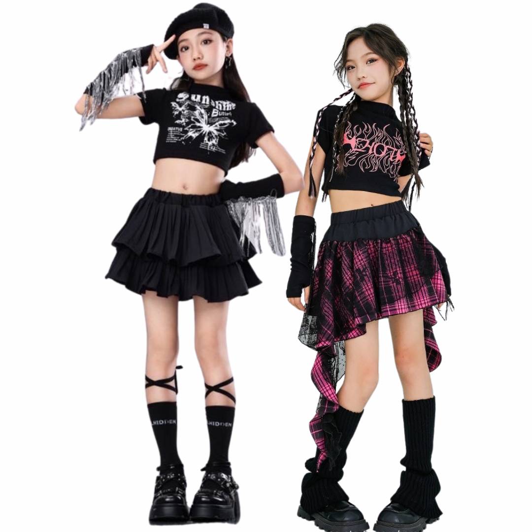 พร้อมส่ง ***ชุดเต้น เสื้อครอป แขนสั้น+กระโปรง พร้อมปลอกแขน ลายเสือ ลายผีเสื้อ ลายสก๊อต