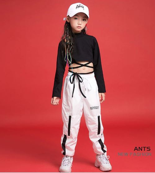 ชุดเต้น ชุดแดนซ์ เสื้อเอวลอยสีดำ+กางเกงขายาวสีขาว