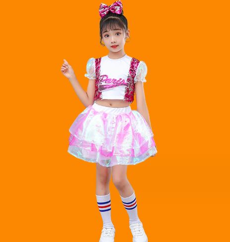 พร้อมส่ง ชุดเต้น ชุดฮิปฮอป เสื้อสีชมพู กระโปรงผ้าแก้วชมพูวิ้ง