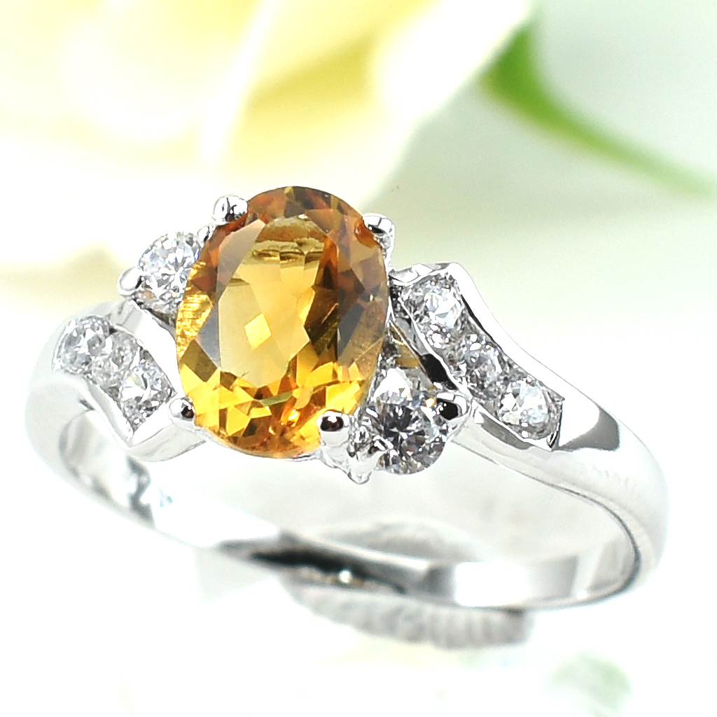 แหวนเงินแท้ราคาถูกชุบทองคำขาว ซิทรินแท้ 1.25 กะรัต เพชรCZ 0.21 กะรัต งานประณีตสวยงาม สั่งผลิตค่ะ