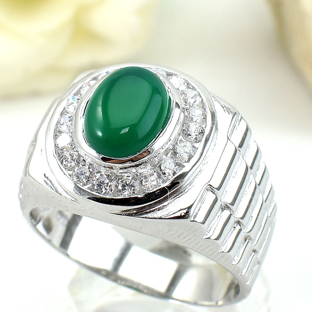 แหวนเงินแท้ราคาถูกชุบทองคำขาว พลอยแท้กรีนอะเกท 2.80 กะรัต เพชรCZ 0.54 กะรัต งานประณีตสวยงาม สั่งผลิตค่ะ