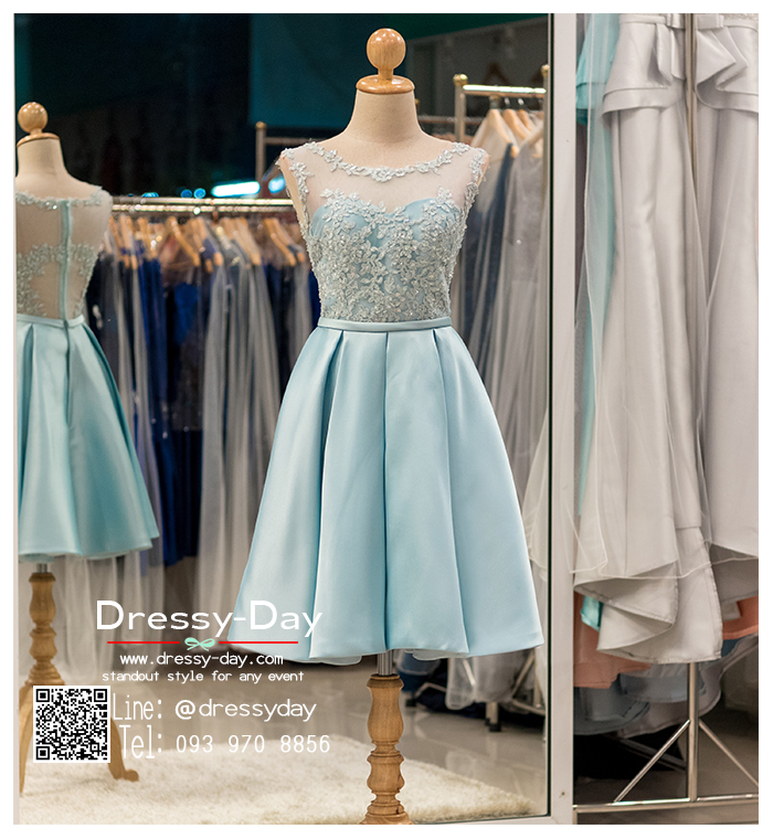 รหัส ชุดราตรีสั้น :PF083 ชุดราตรีสั้น เดรสออกงาน ชุดไปงานแต่งงาน ชุดแซก สีฟ้า แขนกุด ซีทรู ผ้าไหมสุดหรู เหมาะสำหรับงานแต่งงาน งานกลางคืน กาล่าดินเนอร์