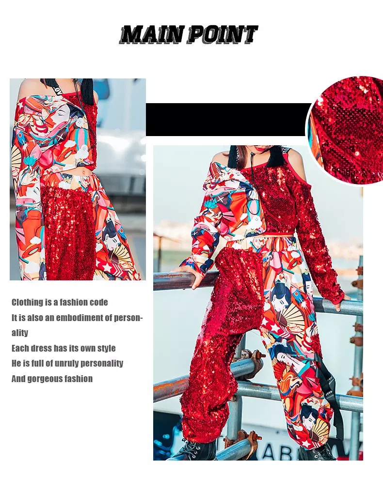 **พร้อมส่ง**ชุดเต้น ชุดฮิปฮอป เสื้อแขนยาว ปักเลื่อม พร้อมกางเกงขาขายาว