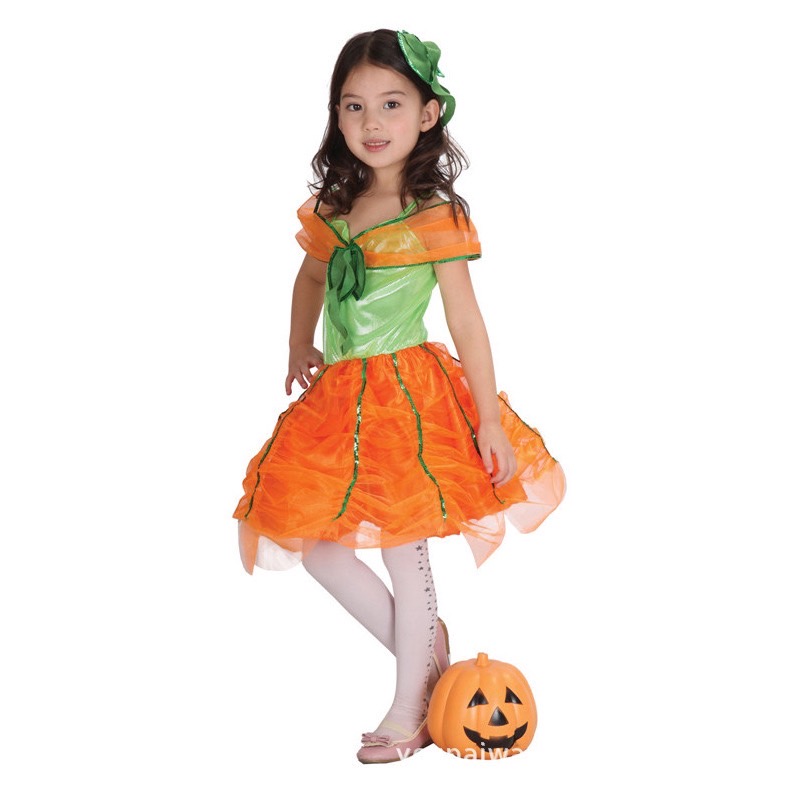 friendly4kid ชุดฮาโลวีน haloween เด็ก เดรสยาวสีส้ม-ดำ