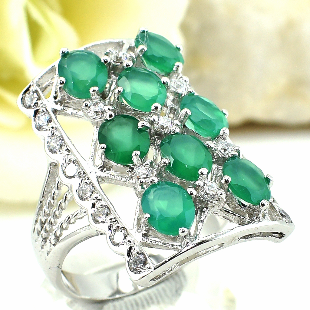 แหวนเงินแท้ราคาถูกชุบทองคำขาว พลอยแท้กรีนอะเกท 3.60 กะรัต เพชรCZ 0.437 กะรัต งานประณีตสวยงาม สั่งผลิตค่ะ