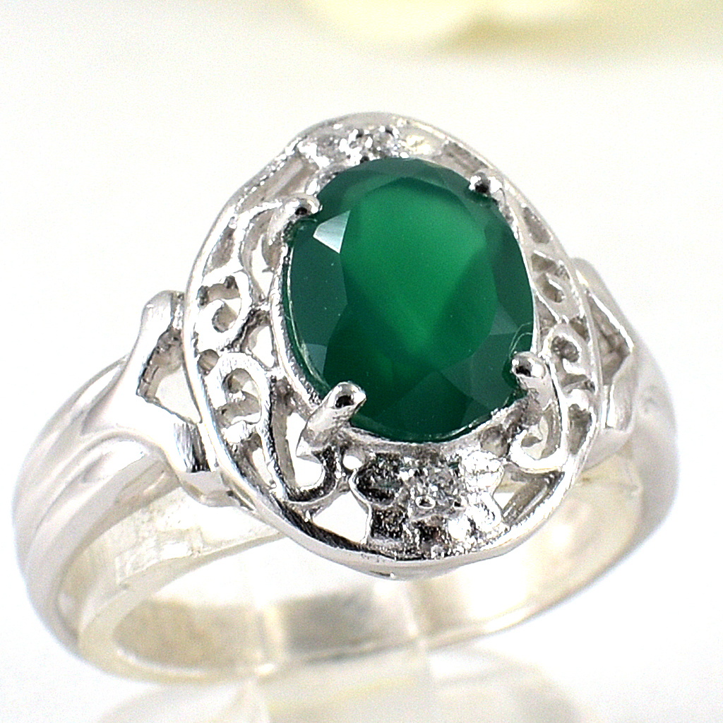 แหวนเงินแท้ราคาถูกชุบทองคำขาว พลอยแท้กรีนอะเกท 1.80 กะรัต เพชรCZ 0.02 กะรัต งานประณีตสวยงาม สั่งผลิตค่ะ