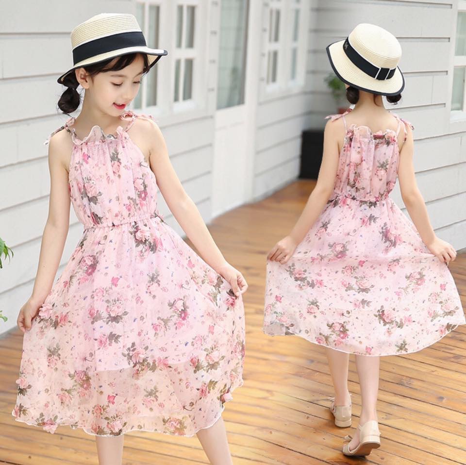 พร้อมส่ง ชุดเด็กผู้หญิง ชุดเดรส ลายดอกโชว์ไหล่