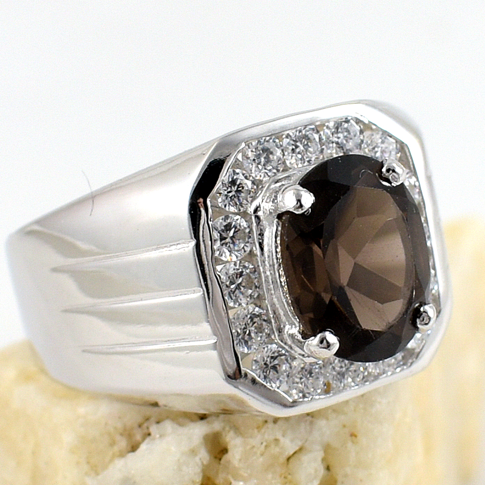 แหวนเงินแท้ราคาถูกชุบทองคำขาว พลอยแท้สโมกกี้ควอทซ์ 2.25 กะรัต เพชรCZ 0.64 กะรัต งานประณีตสวยงาม สั่งผลิตค่ะ