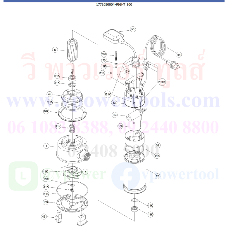 EBARA RIGHT-100 ปั๊มจุ่มสแตนเลส สำหรับน้ำสกปรก 380V 3สาย ไม่มีลูกลอย