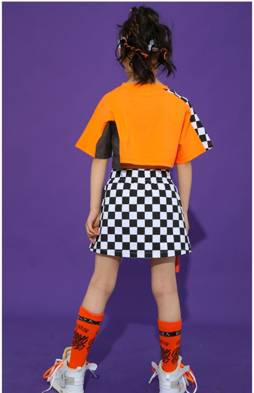 พร้อมส่ง ชุดเต้น ชุดเชียร์เด็ก เซ็ตสีส้ม ลายสก๊อต สีส้ม ชุดกีฬา สปอร์ต