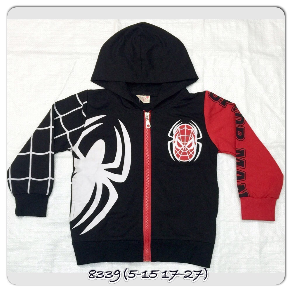 เสื้อแจ็คเก็ตชาย สไปรเดอร์แมนสีดำมีฮู้ดพิมลายแมงมุมขาว