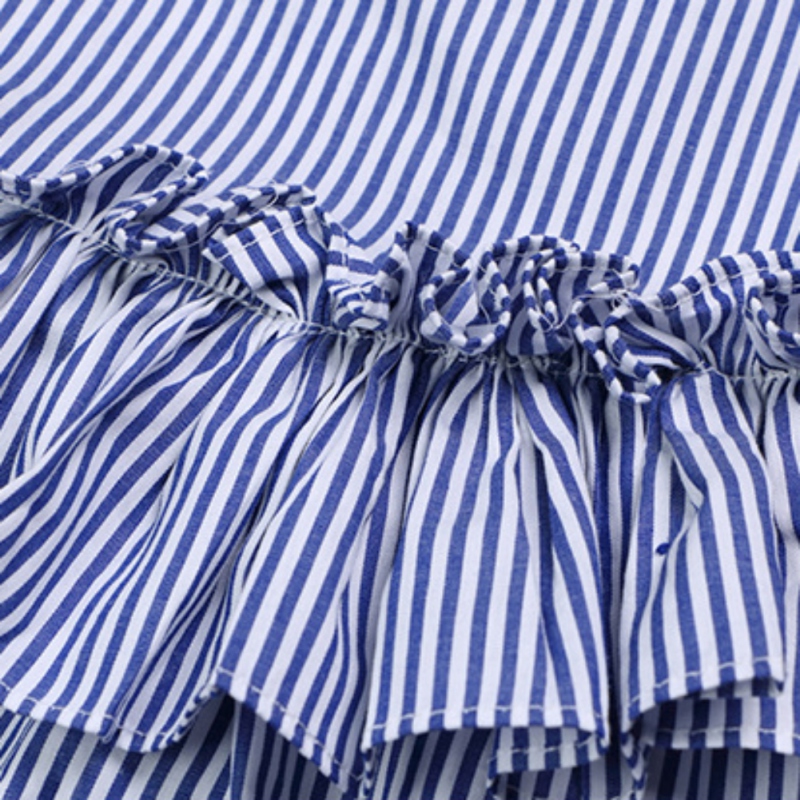 เดรสผ่าไหล่า ลายทาง สีฟ้า