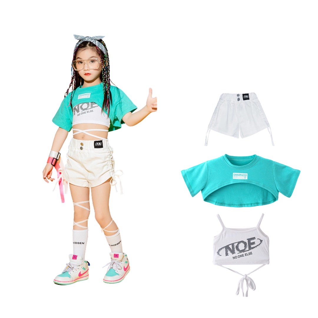 **พร้อมส่ง**ชุดเต้น ชุดแดนซ์ เสื้อสีฟ้า+กางเกงลายหมากรุก