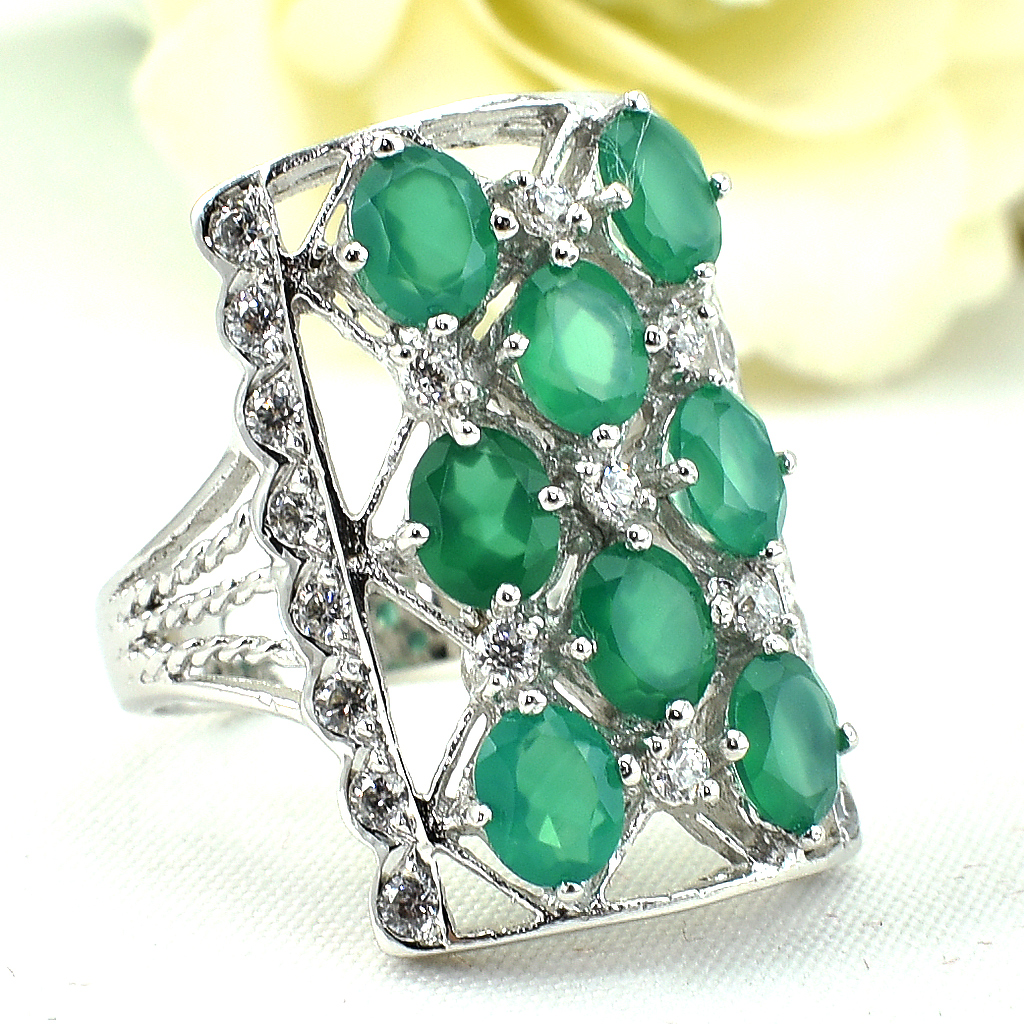 แหวนเงินแท้ราคาถูกชุบทองคำขาว พลอยแท้กรีนอะเกท 3.60 กะรัต เพชรCZ 0.437 กะรัต งานประณีตสวยงาม สั่งผลิตค่ะ