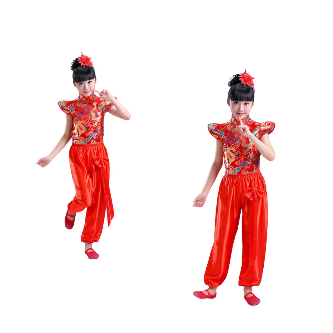 ชุดจีน กี่เพ้าแขนกุด แขนยาว+กางเกง สีแดง-สีเหลือง