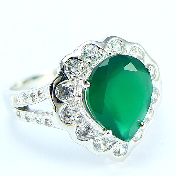 แหวนเงินแท้ราคาถูกชุบทองคำขาว พลอยแท้กรีนอะเกท 2.10 กะรัต เพชรCZ 0.437 กะรัต งานประณีตสวยงาม สั่งผลิตค่ะ