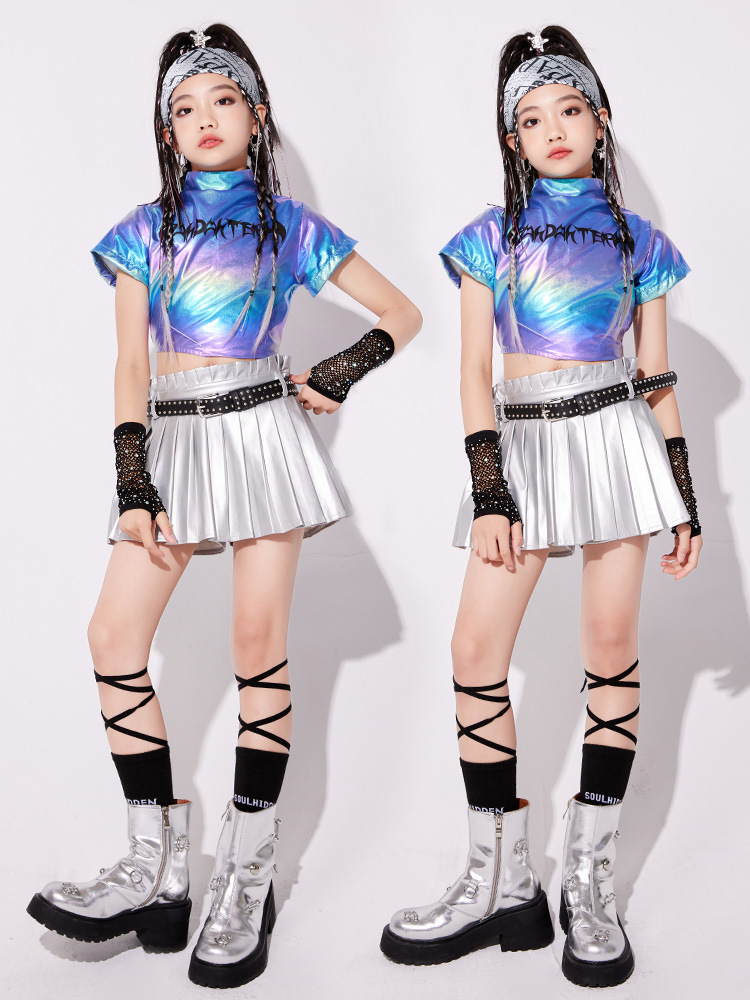 พร้อมส่ง ชุดเต้น เสื้อ+กางเกง/กระโปรงสีฟ้า-เงิน