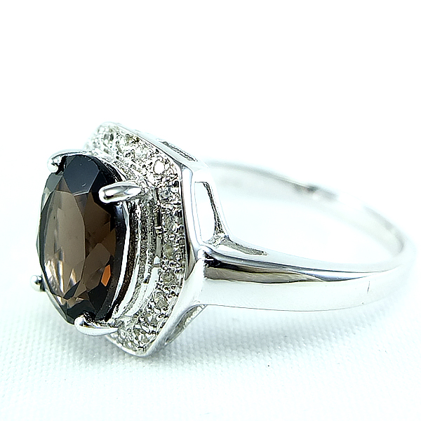 แหวนเงินแท้ราคาถูกชุบทองคำขาว พลอยแท้สโมกกี้ควอทซ์ 3.55 กะรัต เพชรCZ 0.168 กะรัต งานประณีตสวยงาม สั่งผลิตค่ะ