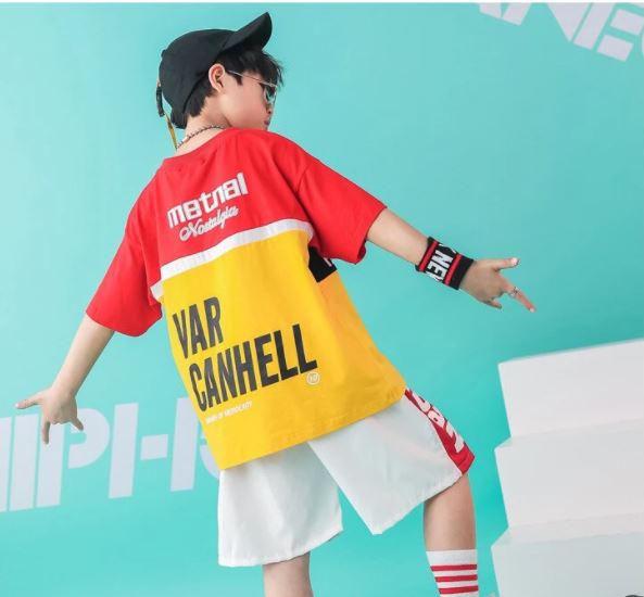 ชุดเต้น แดนซ์ชาย เสื้อแขนสั้น สีแดง+กางเกงขาสั้นขาว