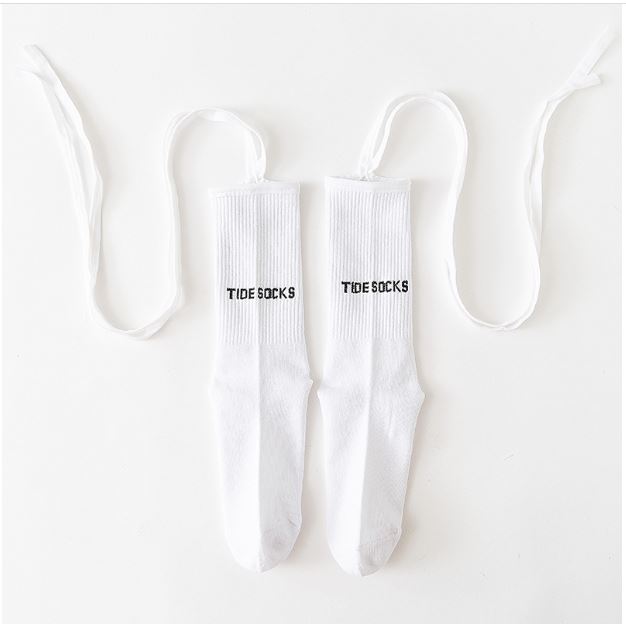 พร้อมส่ง ถุงเท้า เด็ก-ผู้ใหญ่ แบบยาว มีสายไขว้ ผูกข้อขา สีพื้น