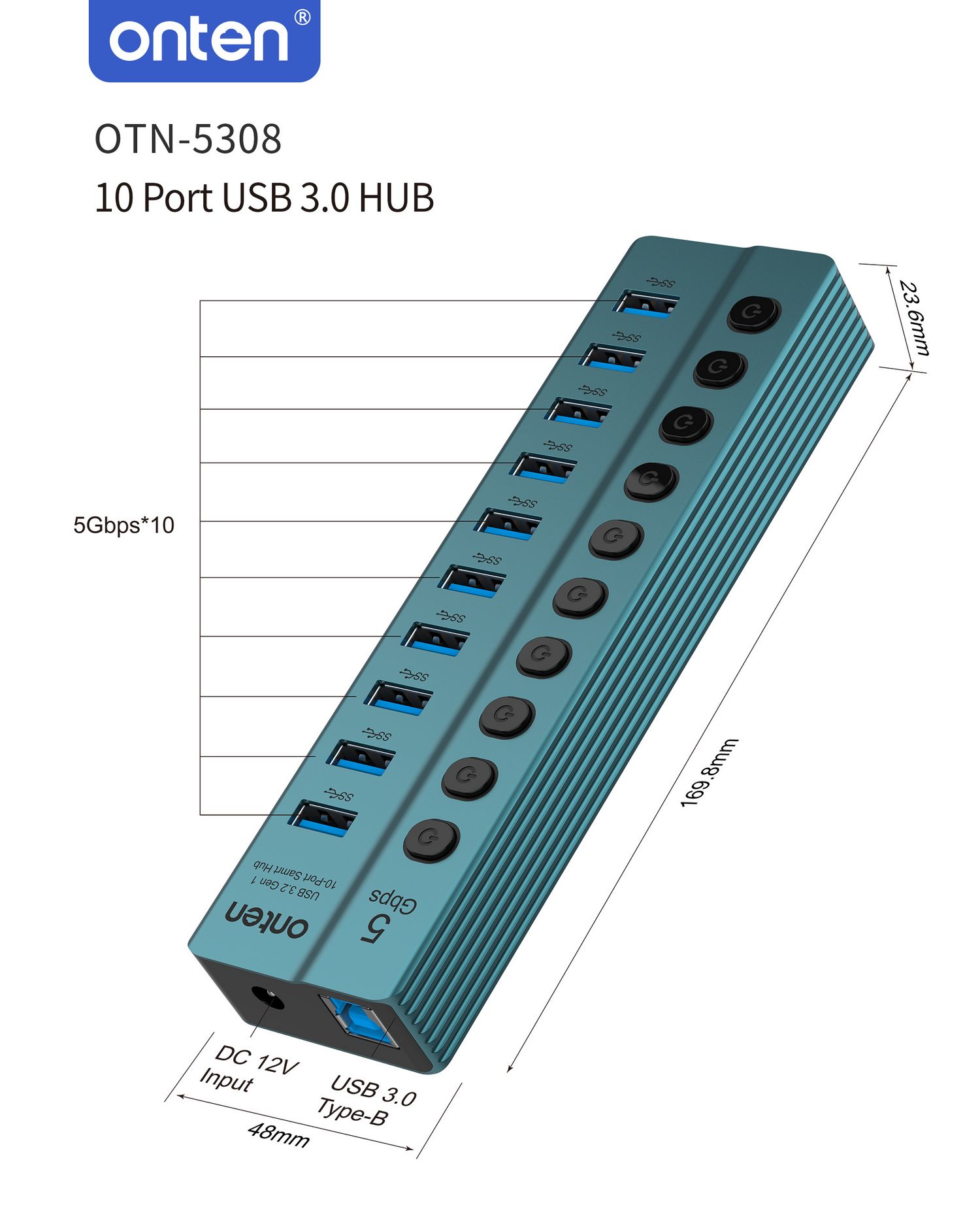 10-Port Hub USB 3.2 Gen 1 5Gbps with Separate Buttons by Onten