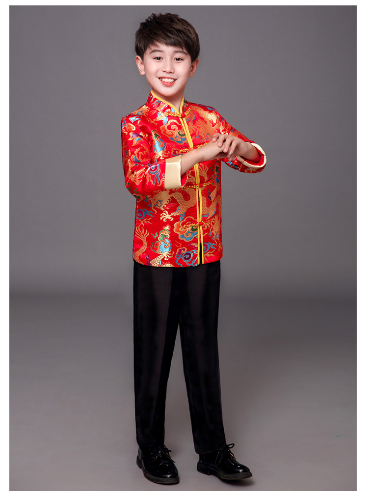 **พร้อมส่ง** ชุดจีน กี่เพ้า ชุดจีนเด็กชาย เสื้อสีแดงแขนขลิบทอง+สแลคดำ รุ่น 2