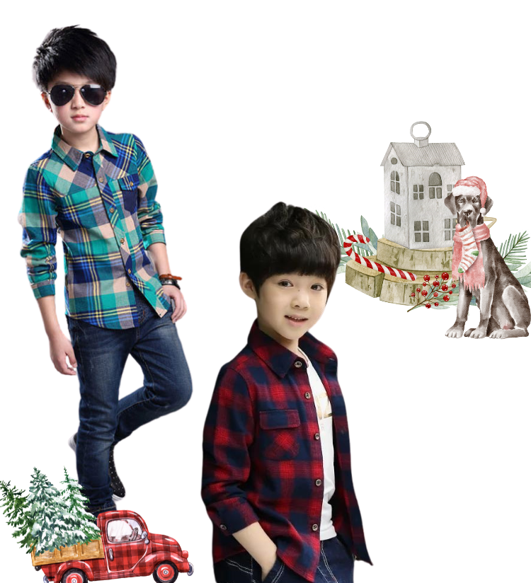เสื้อเชิ๊ต เด็กชาย แขนยาว ลายสก๊อต สีเขียว - สีแดง