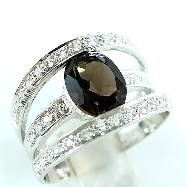 แหวนเงินแท้ราคาถูกชุบทองคำขาว พลอยแท้สโมกกี้ควอทซ์ 1.70 กะรัต เพชรCZ 0.57 กะรัต งานประณีตสวยงาม สั่งผลิตค่ะ